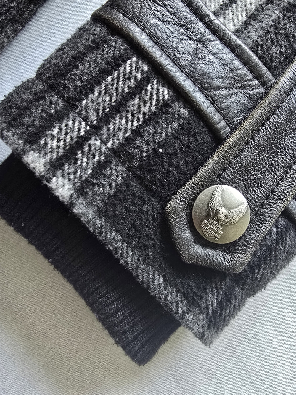 Harley-Davidson Black & Gray Plaid Pea Coat with Leather Collar - Picture 10 of 10